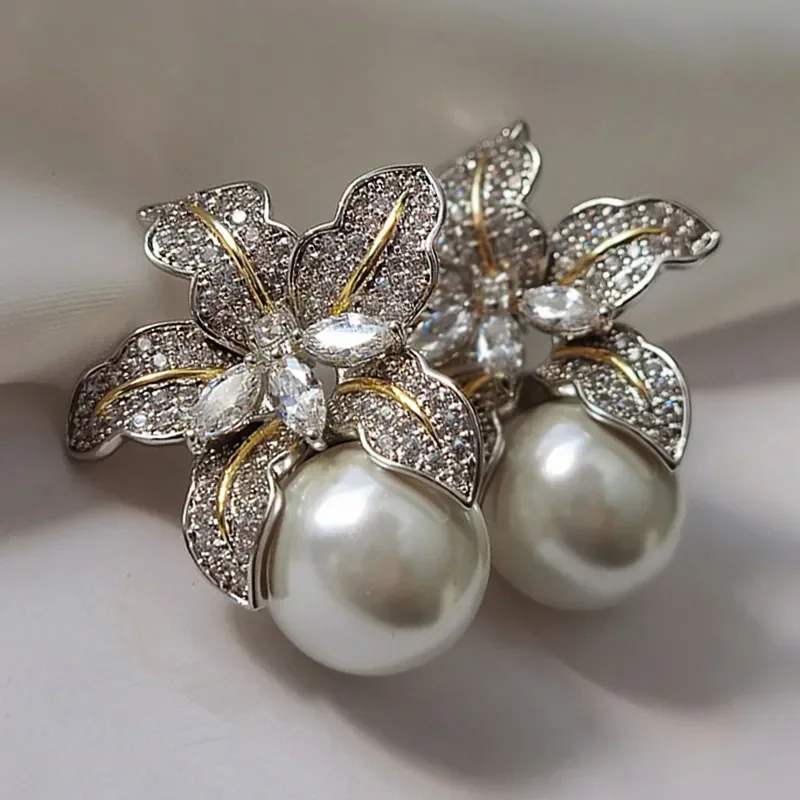 Top Trends: Huitan Gorgeous Flower Imitation Pearl Earrings Women Luxury Inlaid Sparkling CZ Stone Fashion Wedding Jewelry Wholesale Lots Shoppable Styles