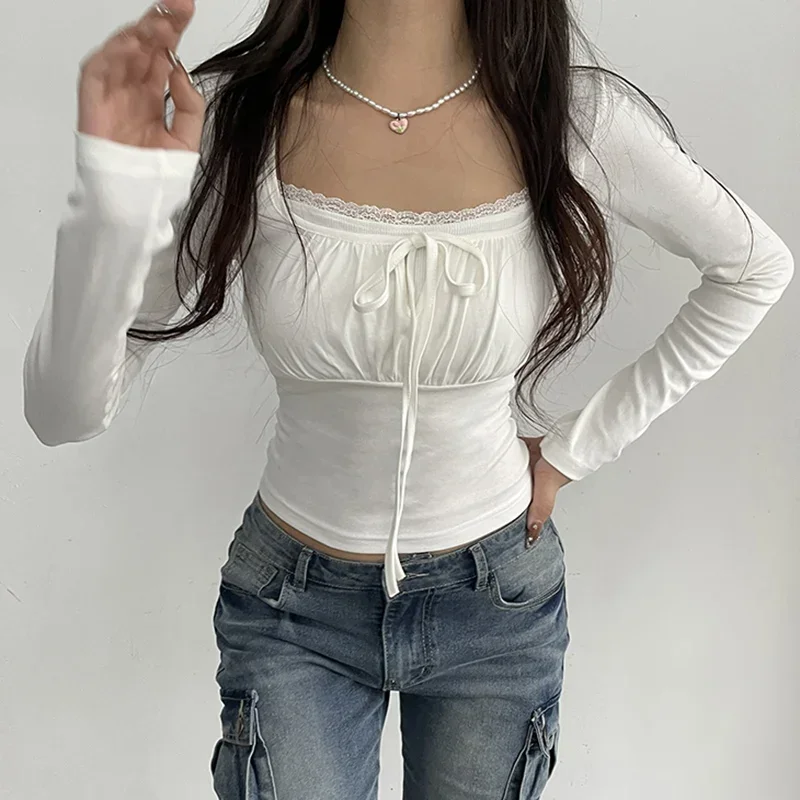 Top Trends: Korean White Lace Patched Female T-shirt Slim Basic Sweet Folds Autumn Tee Cute Top Coquette Clothes Front Tie-Up Y2K Shoppable Styles - Image 2