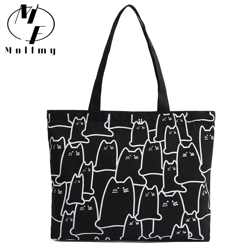 Top Trends: Canvas Handbag For Women 2023 Fashion Cute Cat Tote Messenger Bags With Zipper Designer Bag Ladies Cartoon Shoulder Shopper Bags Shoppable Styles