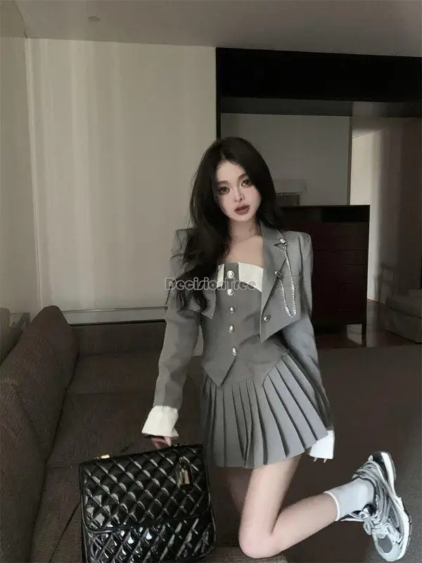 Top Trends: 2023 Korea Style Jk Uniform Suit Strapless Suit Jacket Women Spring Sexy Short Coat Pleated Skirt Half Skirt Three-piece Set Shoppable Styles