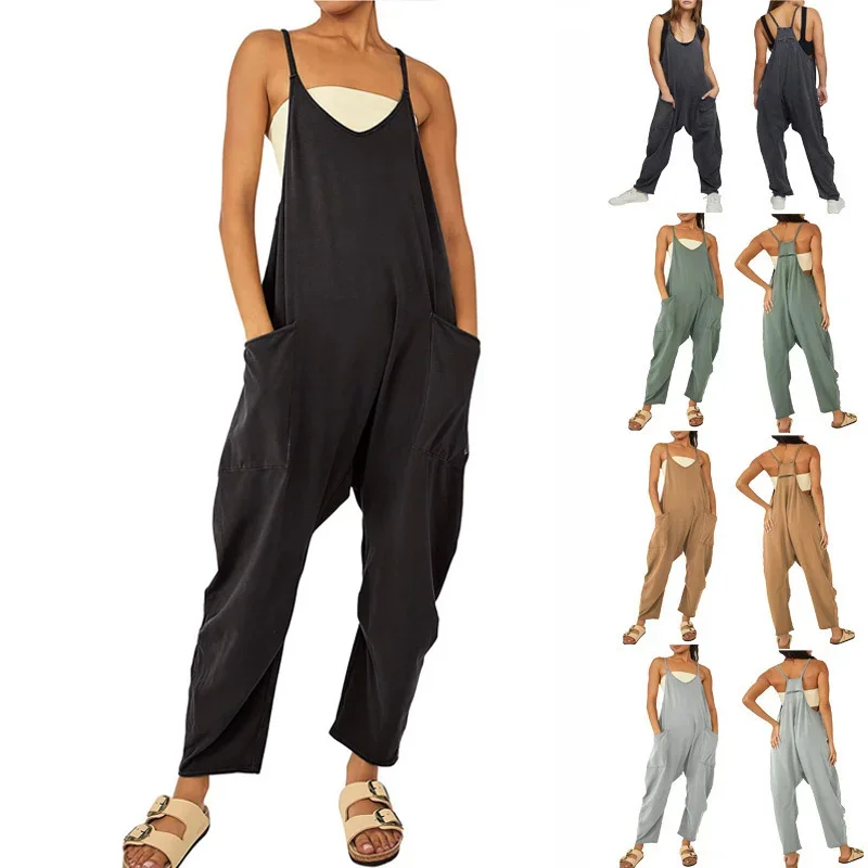 Top Trends: Women Casual Jumpsuit Summer Solid Loose Wide Leg Pants Bib Overalls Fashion Pocket Sleeveless Strap Baggy Streetwear Rompers Shoppable Styles