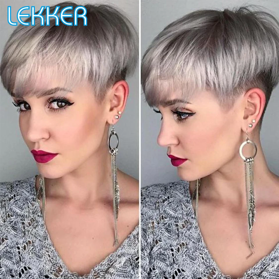 Top Trends: Lekker Sliver Grey Short Pixie Cut Straight Human Hair Wig For Women Brazilian Remy Hair Cheap Glueless Colored Machine Made Wig Shoppable Styles