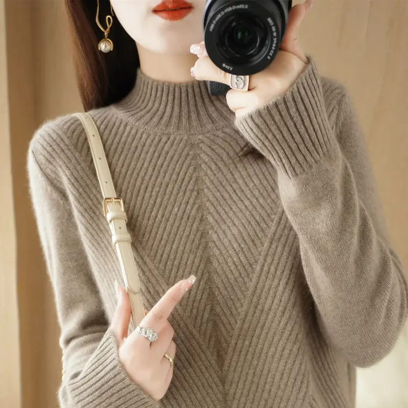 Top Trends: Thickened Half High Collar Various Colors Knitting Sweater Cross Striation Loose Slightly Elastic Long Sleeve Female Pullovers Shoppable Styles - Image 5