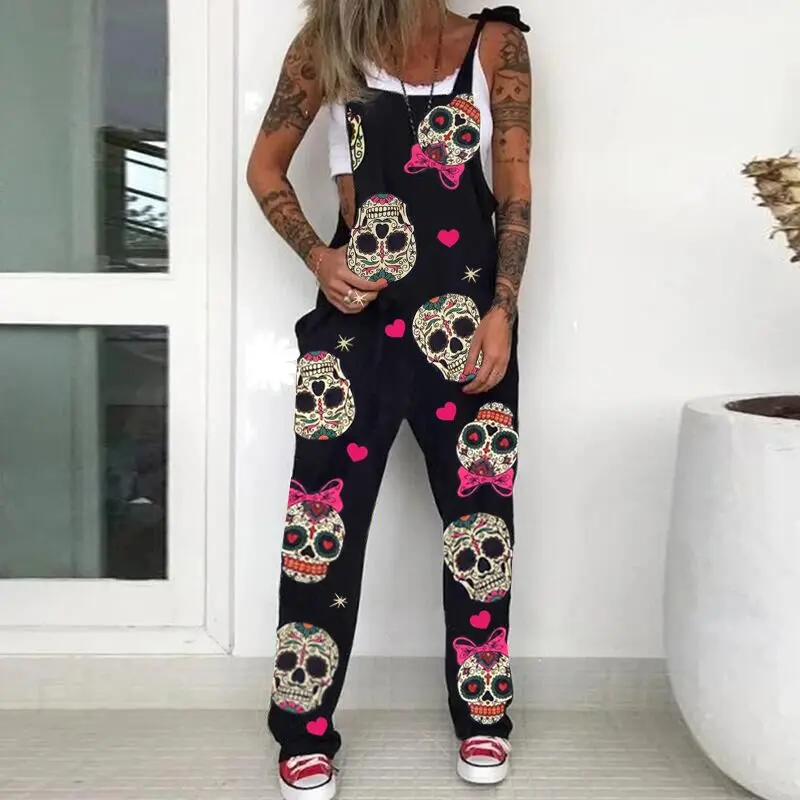 Top Trends: Women's Daisy Skull Print Strappy Jumpsuits Casual Fashion Romper With Pocket Wide Leg Loose Overall 2022 Summer Trendy Playsuit Shoppable Styles