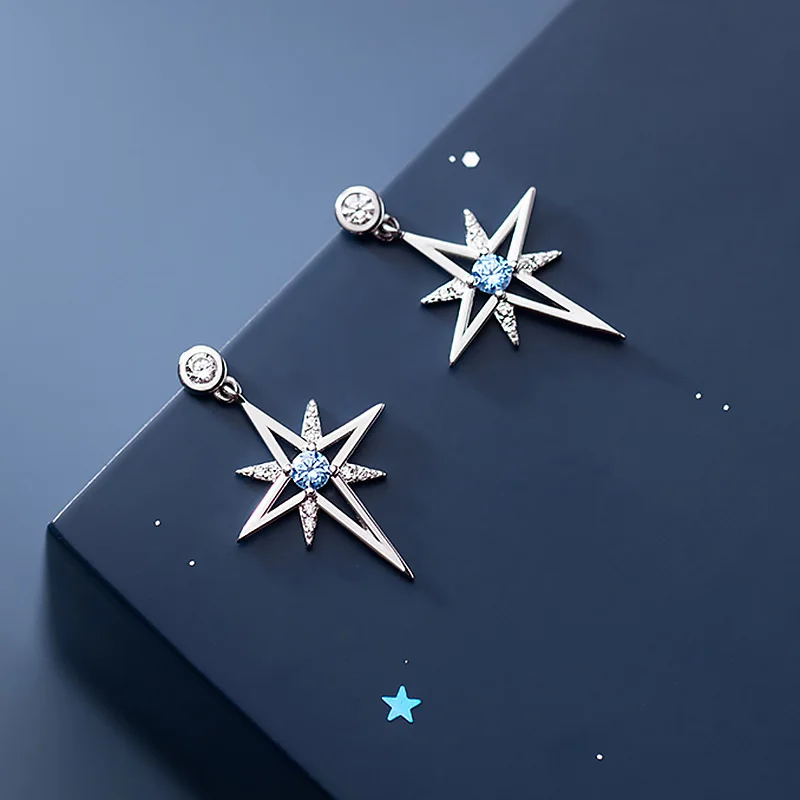 Top Trends: Real 925 Sterling Silver Fashion Charm Star Blue CZ Stud Earrings For Women Wedding Party Fine Jewelry DS559 Shoppable Styles