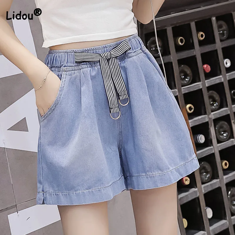 Top Trends: Summer Korean Casual Elastic Waist Denim Shorts Female 2023 Simplicity Loose All-match Pockets Spliced Shorts Women&#039;s Clothing Shoppable Styles