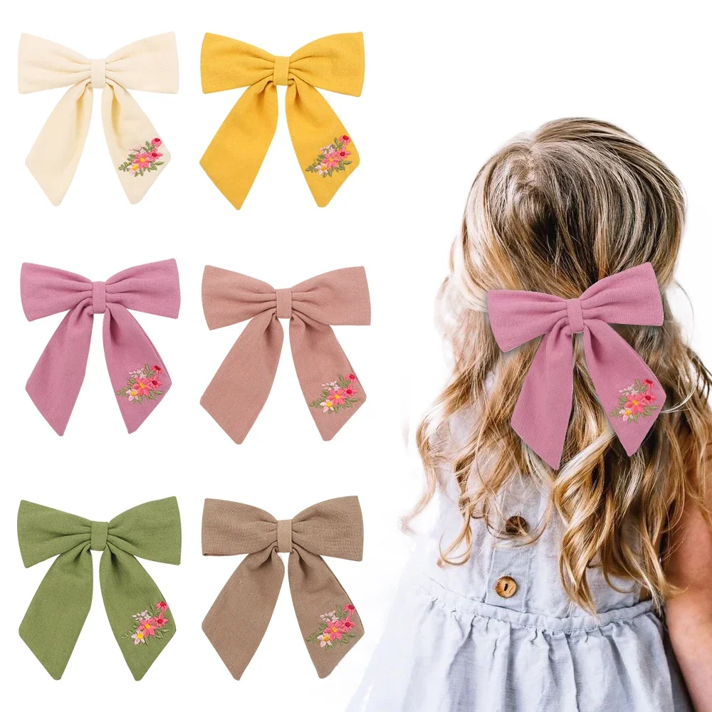 Top Trends: Embroidery Hair Bows Cotton Linen Barrette Baby Girls Big Bows Hairclip Children Cute Infant Spring Summer Hair Accessories Shoppable Styles