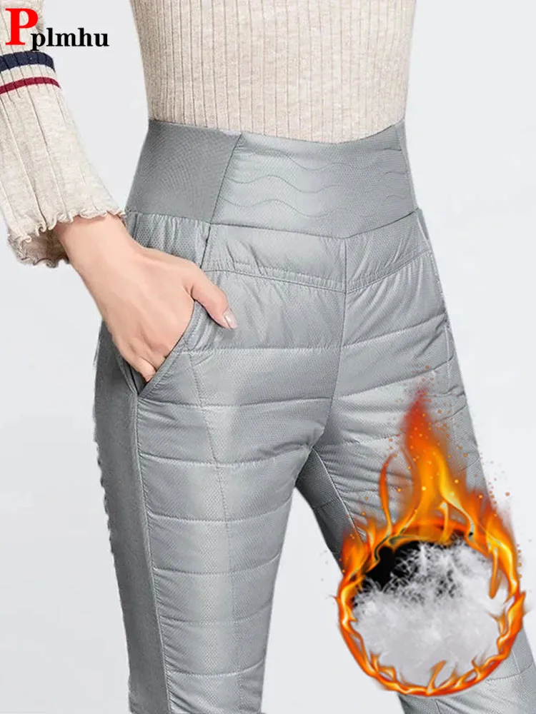 Top Trends: Warm High Waist Cotton Sweatpants Winter Casual Slim Side Stretch Pants Snow Wear Women Classic Patchwork Thick Skinny Pantalons Shoppable Styles