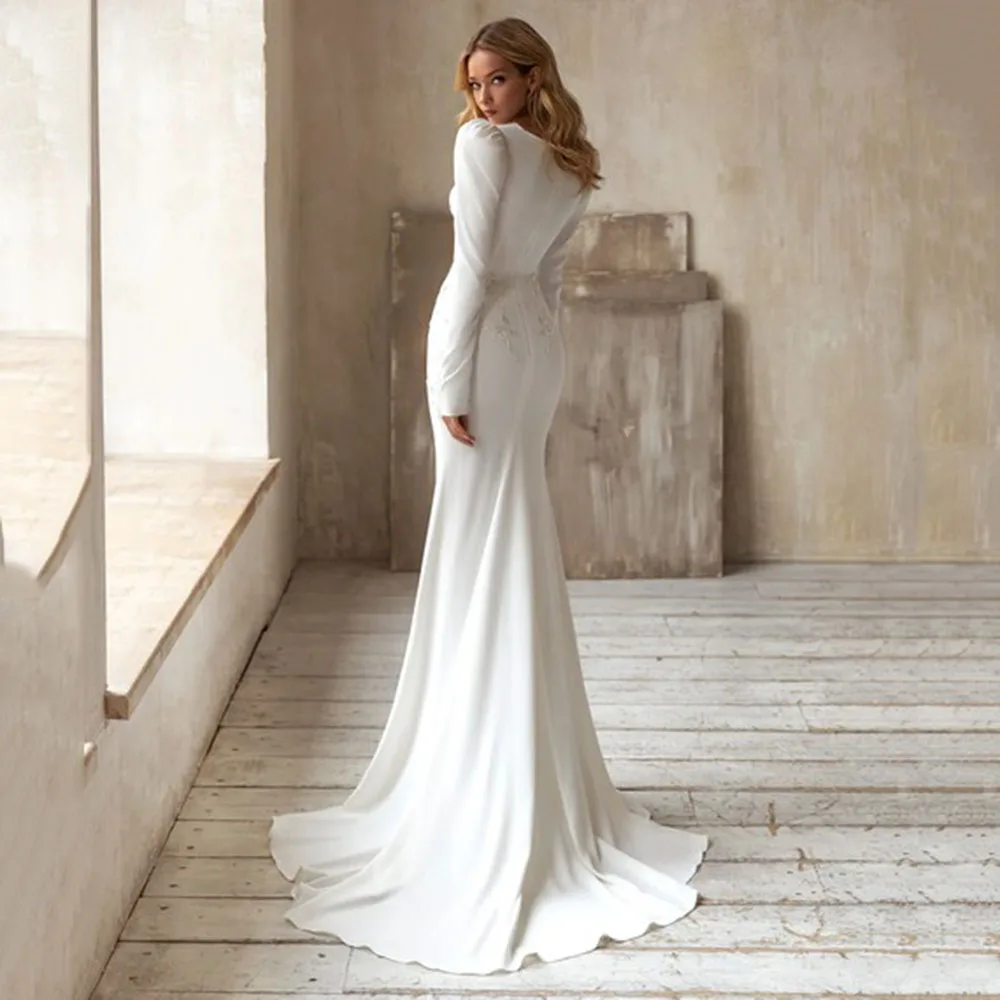 Top Trends: LoveDress Deep V-Neck Wedding Dresses Muslim Long Sleeve Lace Appliques Elegant Mermaid Bride Gown Spandex Button Sweep Trian Shoppable Styles