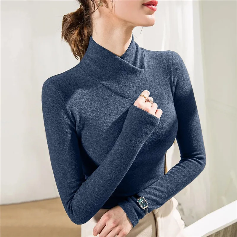 Top Trends: Korean Fashion Elegant Thick Warm Half High Collar Basic T Shirt Women Autumn Winter Solid Slim Long Sleeve Ladies Tops Clothes Shoppable Styles