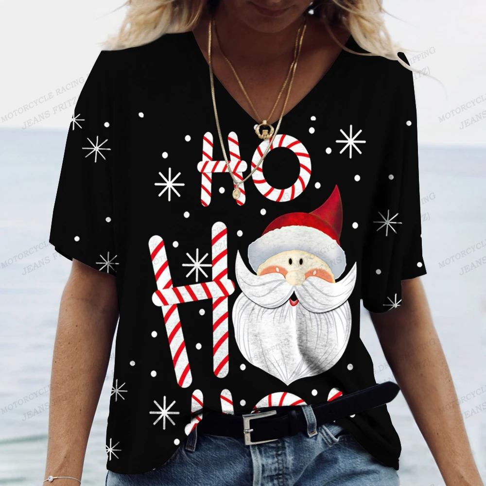 Top Trends: Santa Claus Print T Shirt For Women Christmas Harajuku Clothing Fashion V-neck Short Sleeve Tops New Year Party Female T-Shirts Shoppable Styles