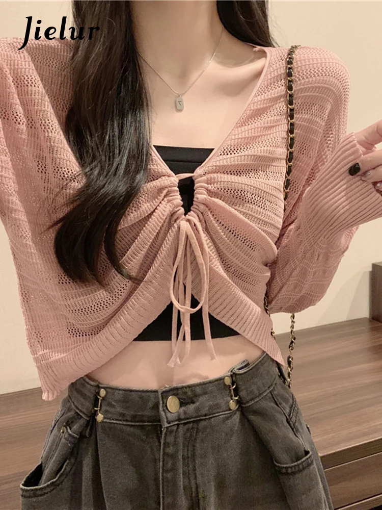 Top Trends: Jielur Autumn New Solid Color Slim Cardigan Woman Sweet Ladies Hollow Out Cardigan Pink White Green Black Knitted Cardigan Women Shoppable Styles