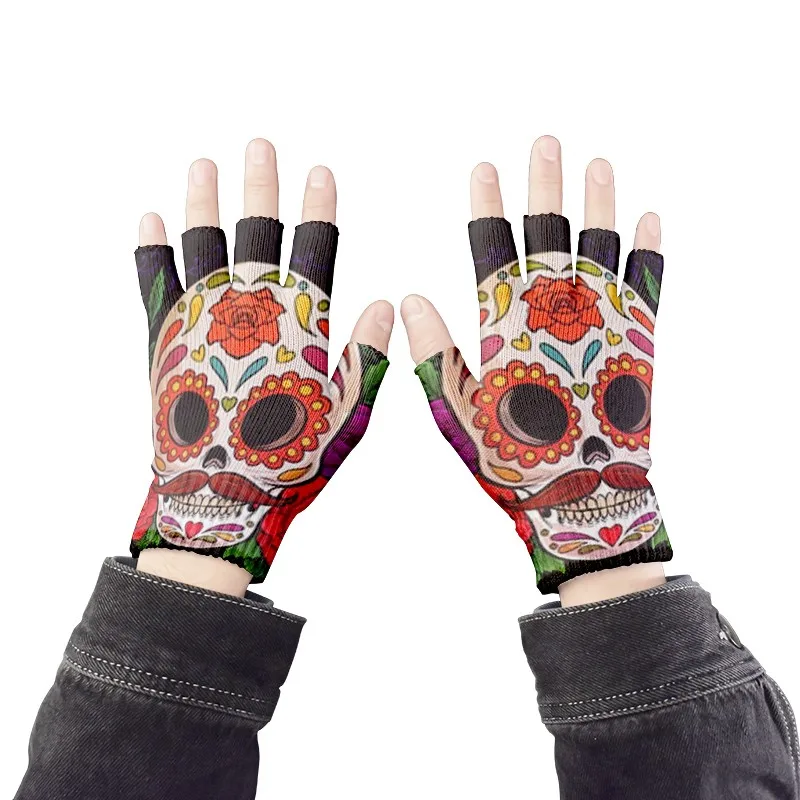 Top Trends: New Skull Print Open Finger Gloves Harajuku Fashion Cool Outdoor Half Finger Cycling Mittens Knitted Warm Funny Gloves For Unise Shoppable Styles - Image 4