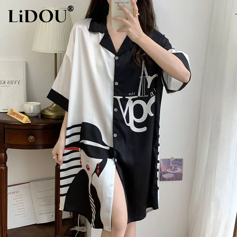 Top Trends: Summer Loose Casual Printing Sleep Robes Women's Short Sleeve Trend Fashion Buttons Homewear Female Oversized Print Shirt Dress Shoppable Styles