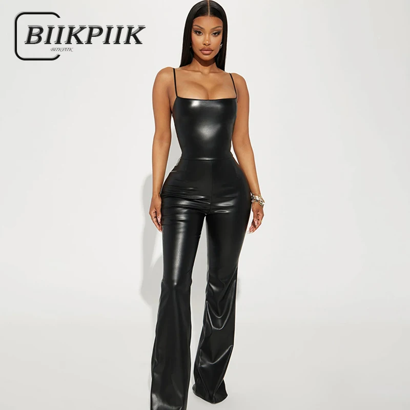 Top Trends: BIIKPIIK Sexy Women Leather Jumpsuits Clubwear Sleeveless Spaghetti Strap Slim Fit Hip-lifting PU Rompers Fashion Casual Overall Shoppable Styles