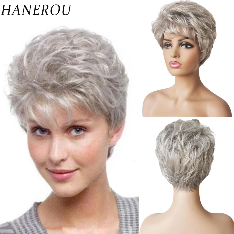 Top Trends: Lady Short Silver Grey Synthetic Wigs With Bangs For Women Pixie Cut Hairstyle Women Daily Cosplay Natural Looking Hair Wigs Shoppable Styles