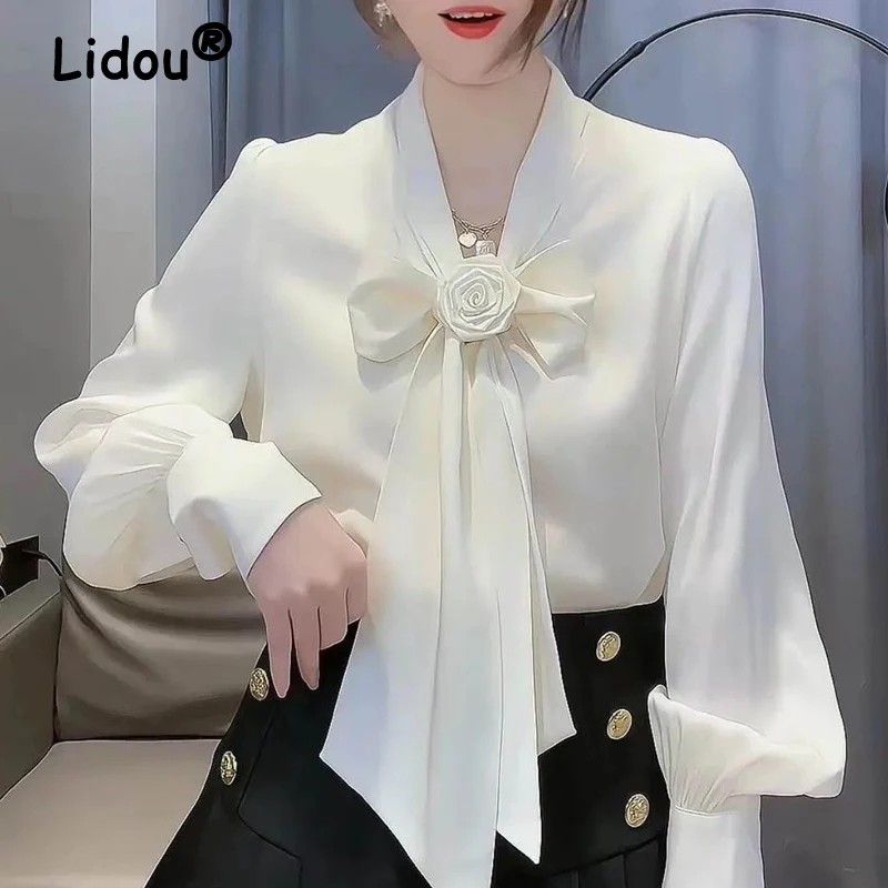 Top Trends: Women Flower Bow Tie Elegant Blouse Fashion White Business Casual Office Lady Shirts Long Sleeve Loose Chic Chiffon Tops Blusas Shoppable Styles