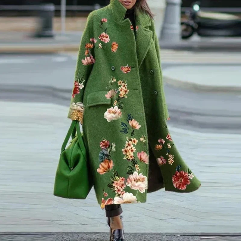 Top Trends: Autumn Street Lady Long Cardigan Coats Fashion Floral Print Pocket Long Sleeve Jacket 2023 Winter Women Elegant Blend Wool Coat Shoppable Styles