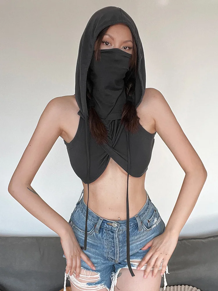 Top Trends: Hooded Soild Silm Sexy Tanks For Women Clothes Streetwear Sleeveless Y2k Crop Tops Mouthpieces Short Crossover Design Hot Mujer Shoppable Styles