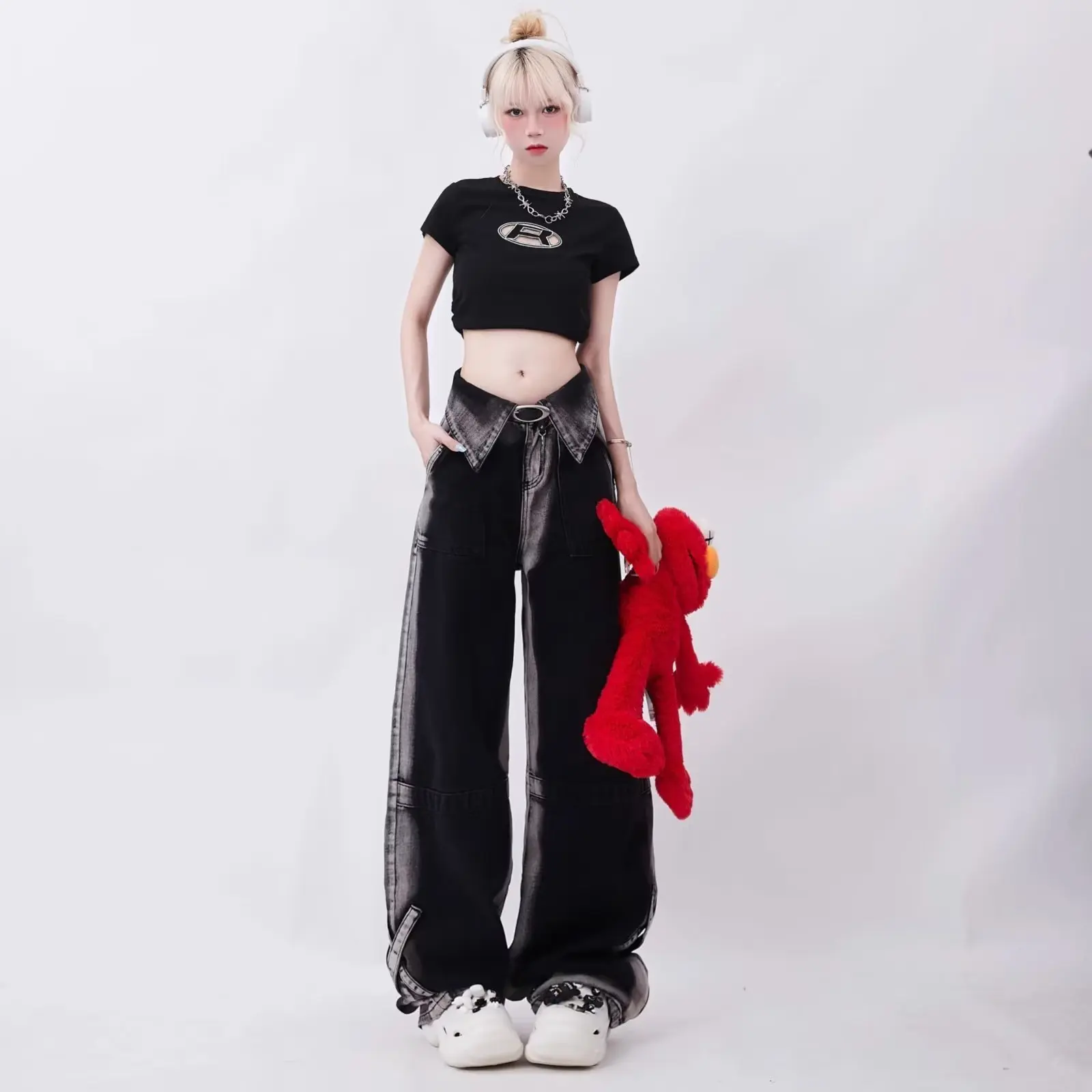 Top Trends: Retro Lapel Design With Contrasting Color Denim, High Street Dopamine Wearing, Straight Leg Wide Leg Pants, Women's Jeans Shoppable Styles