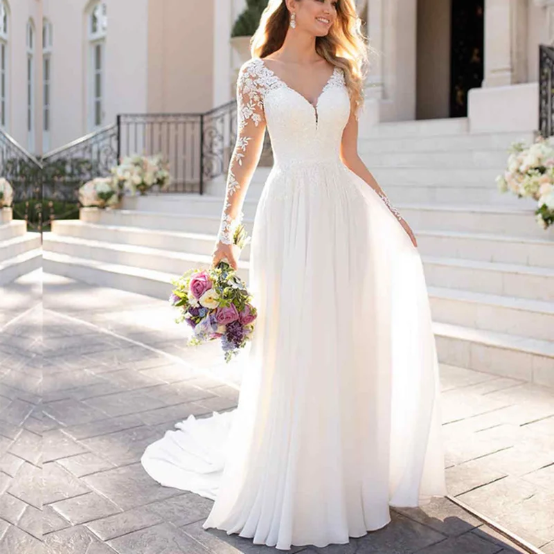 Top Trends: V Neck Long Sleeves Wedding Dresses Open Back White Lace Applique Bridal Dress For Wedding Party Country Vestido De Novia A-line Shoppable Styles