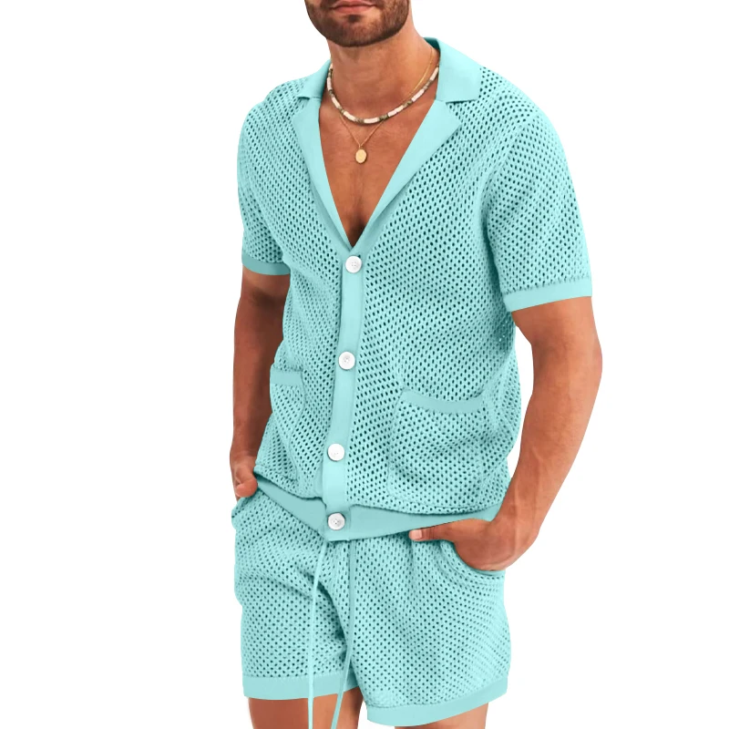 Top Trends: Summer Men's Hawaiian Cutout See-Through Icy Silk Suit High Quality Solid Color Hot Sale Short Sleeve Outdoor Beach Shorts Set Shoppable Styles