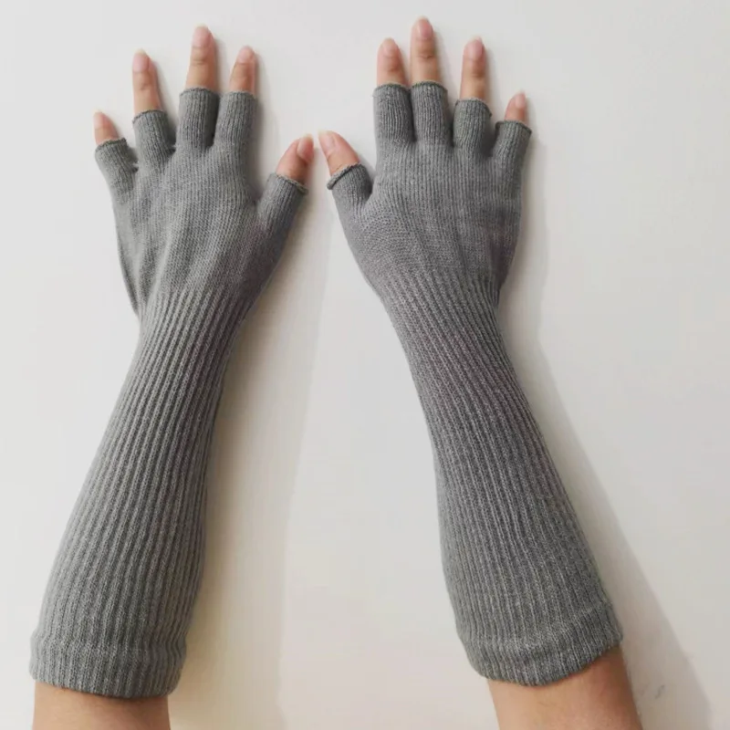 Top Trends: 1 Pair Long Knitted Unisex Half Finger Gloves Women Girls Autumn Winter Arm Warmers Pure Black Elbow Long Warm Work Gloves Shoppable Styles