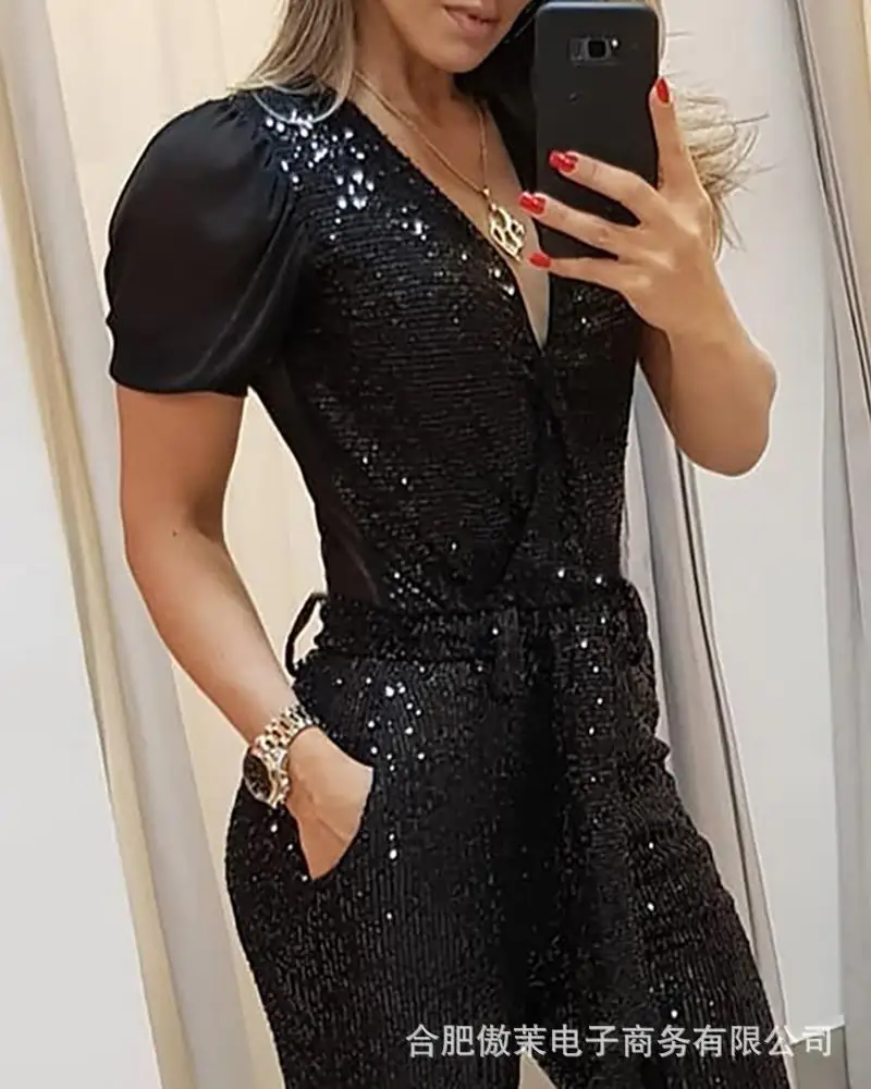 Top Trends: 2023 Spring / Winter New Women's Black Short Sleeve Deep V Sequins Jumpsuit & Tight Fitting Short Sleeve Long Jumpsuits Y2K Shoppable Styles