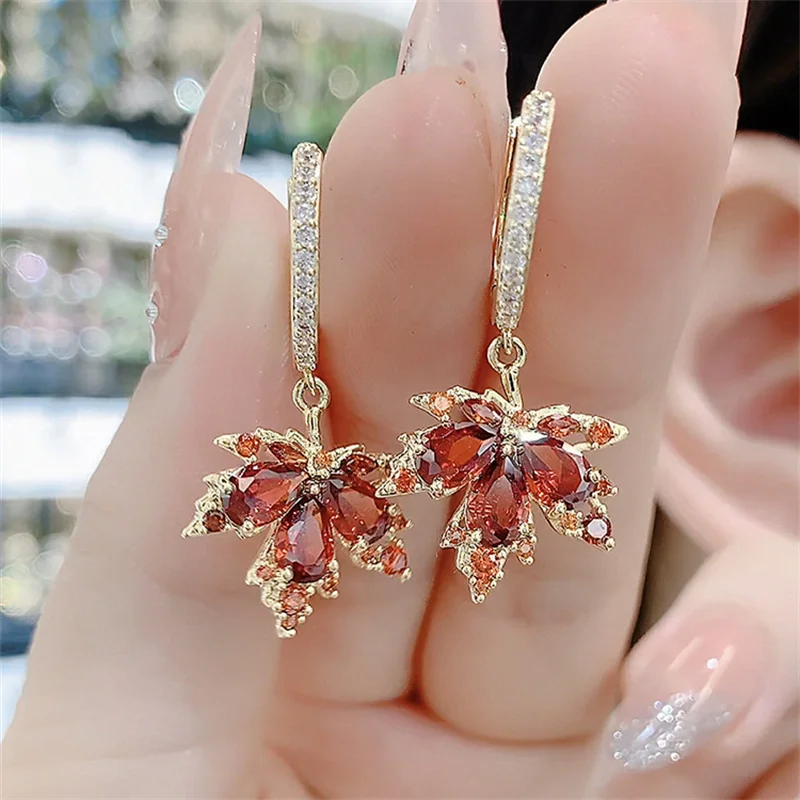 Top Trends: French Vintage Crystal Zircon Red Maple Leaf Earrings For Women Temperament Rhinestone Tassel Earrings Party Jewelry Bijoux Gift Shoppable Styles