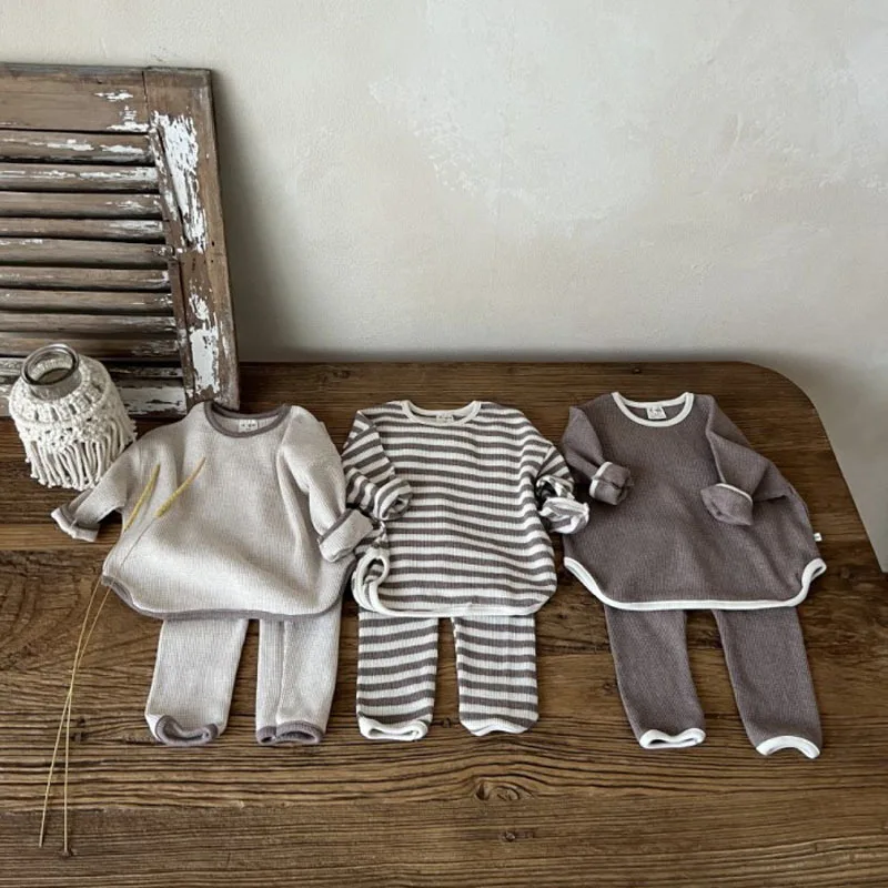 Top Trends: 2023 Spring New Children Casual Clothes Set Cotton Waffle Sweatshirt + Pants 2pcs Boys Set Baby Girl Outfits Kids Striped Suit Shoppable Styles