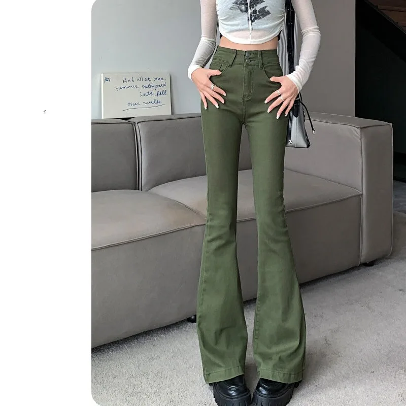 Top Trends: Women&#039;s Solid Bootcut Jeans 2023 Spring And Autumn New High Waist Double Button Slim Fitting Fashion Wide Leg Flare Long Pants Shoppable Styles