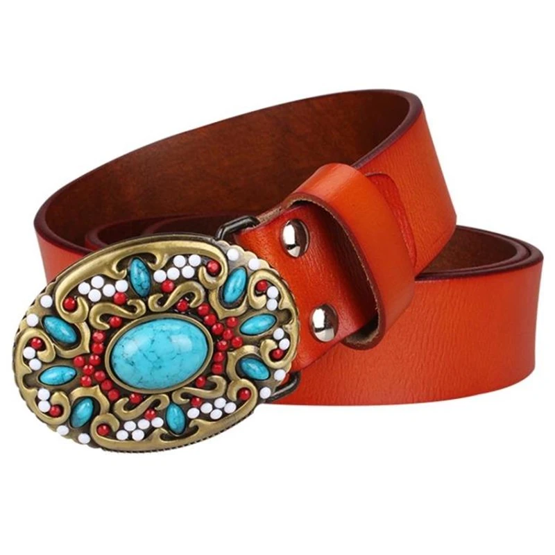 Top Trends: Fashion Women's Genuine Leather Belt Mosaic Gem Turquoise Belts Metal Buckle Arabesque Pattern Retro Lady Jeans Waistband Gift Shoppable Styles - Image 3