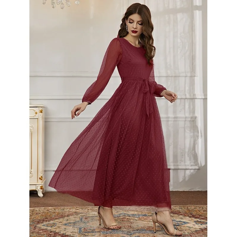 Top Trends: Round Neck Dress Ladies High Waist Robes Slim Mesh Long Dress Spring Autumn Long Sleeve Solid Color Vestidos Largos Shoppable Styles