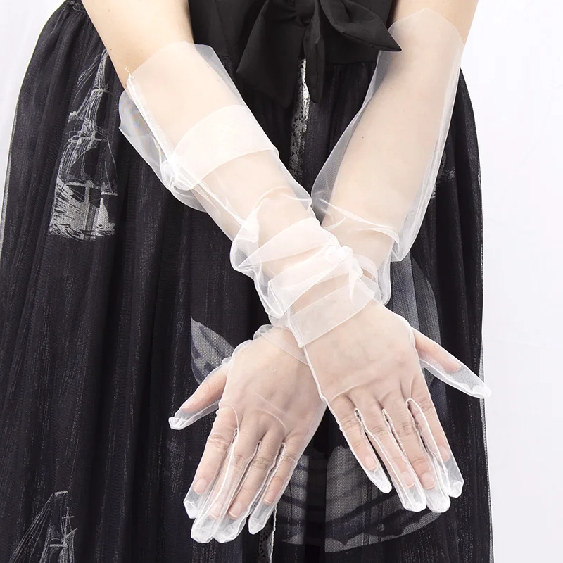 Top Trends: 55cm Long Lace Sheer Tulle Gloves Ultra Thin Full Finger Mittens For Women Mesh Elbow Wedding Bride Gloves Halloween Accessory Shoppable Styles