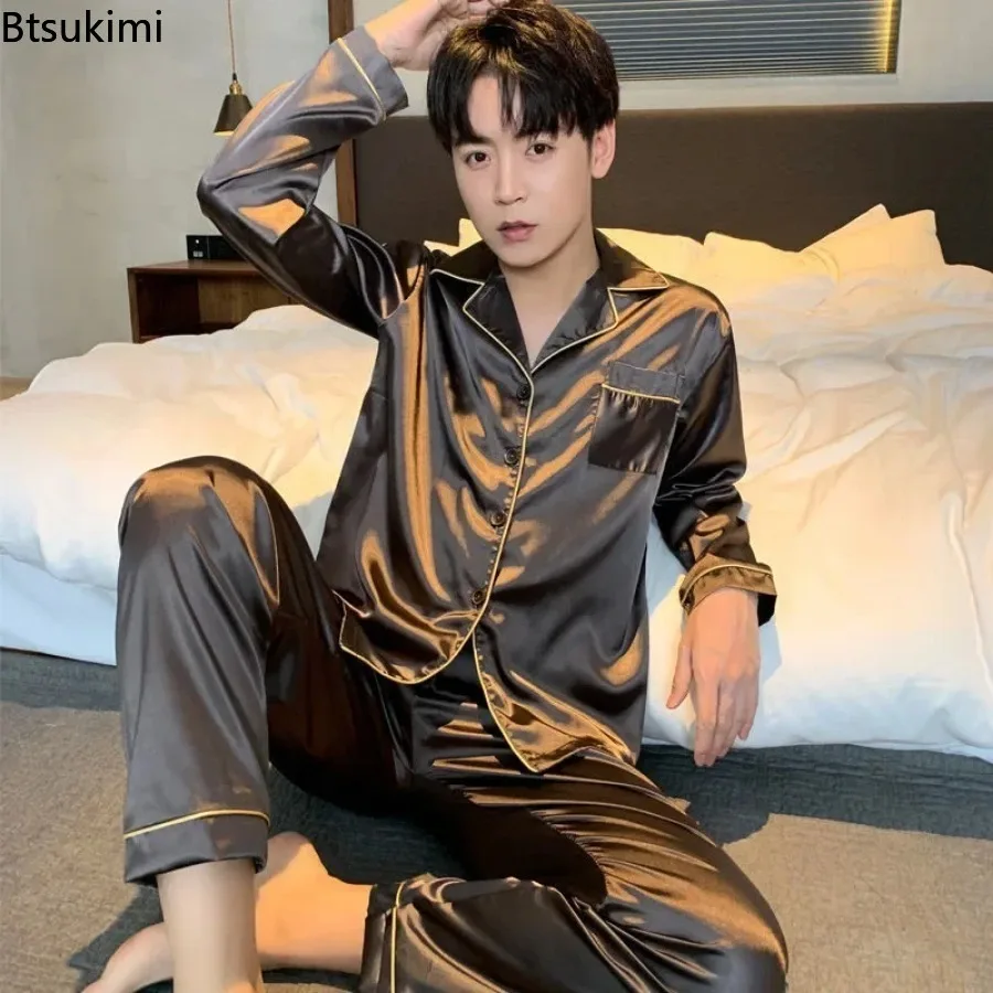 Top Trends: Men's Casual Pajamas Sets Oversized Silk Mens Pajama Pants Sets Satin Long Sleeve Sleepwear Home Pijama Night Wear Loungewear Shoppable Styles - Image 2