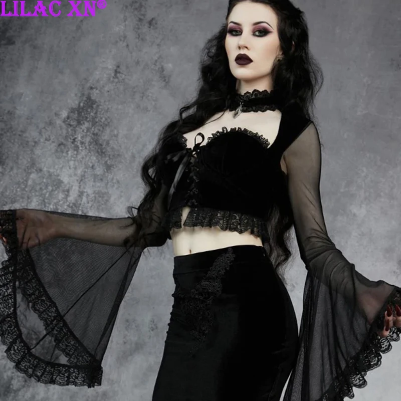 Top Trends: Sexy Goth Lace-up Long Flared Sleeve T-Shirts For Women Vintage Black Velvet Lace Trim Corset Crop Tops Y2K Grunge Streetwear Shoppable Styles