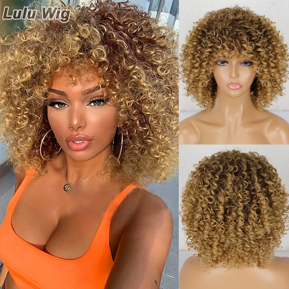 Top Trends: Short Curly Blonde Wig For Black Women Afro Kinky Curly Wig With Bangs Synthetic Natural Glueless Ombre Brown Blonde Cosplay Wig Shoppable Styles