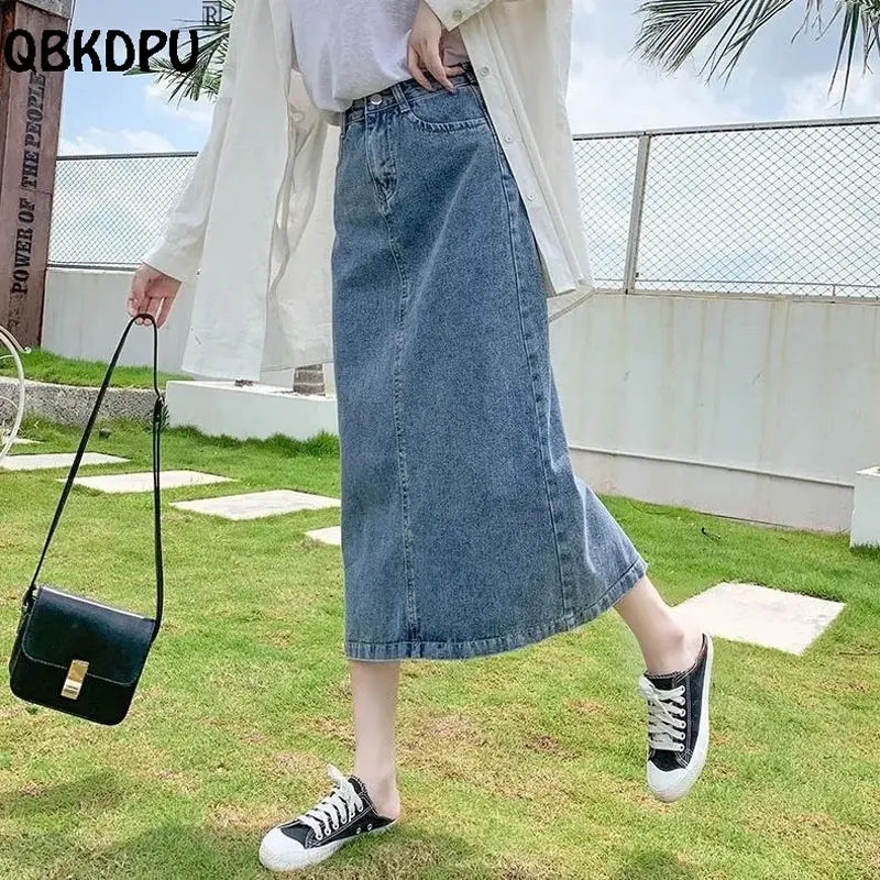 Top Trends: Summer Long Denim Skirt Women Oversize 5XL Korean Fashion Split Faldas Jean Mid-Length High Waist Skirts Blue Loose Cowboy Jupe Shoppable Styles