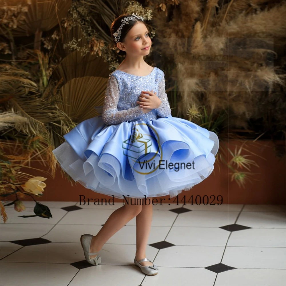 Top Trends: Sparkle Sky Blue Flower Girl Dresses With Sequined Tiered Full Sleeve Wedding Party Gowns Sequined Tutu Dance فساتين اطفال للعيد Shoppable Styles