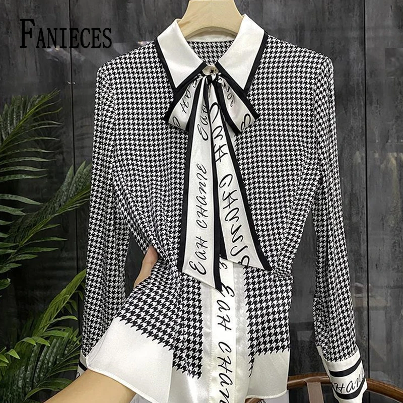 Top Trends: FANIECES Black Houndstooth Print Satin Women's Shirt Long Sleeve Turn Down Collar Bow Tie Blouse Elegant OL Workwear Fall Tops Shoppable Styles