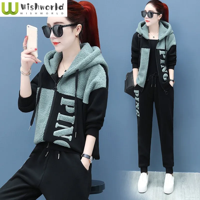 Top Trends: Thickened Lamb Fleece Spliced Hoodie Casual Wide Legged Pants Two Piece Set Elegant Women&#039;s Pants Set Winter Sports Set Shoppable Styles