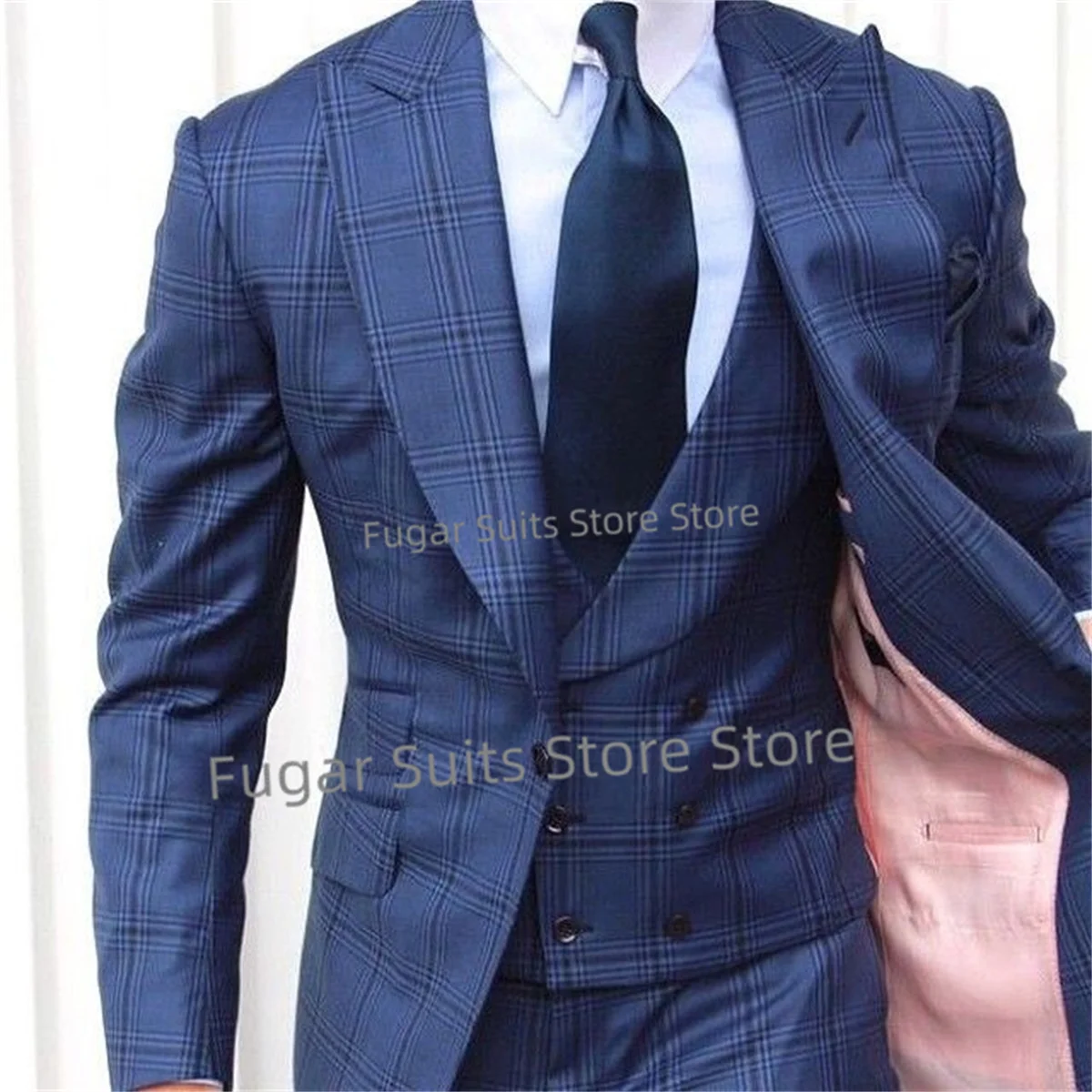 Top Trends: Business Navy Blue Plaid Wedding Suits For Men Slim Fit Peak Lapel Groom Tuxedos 3 Pieces Sets Elegant Male Blazer Costume Homme Shoppable Styles