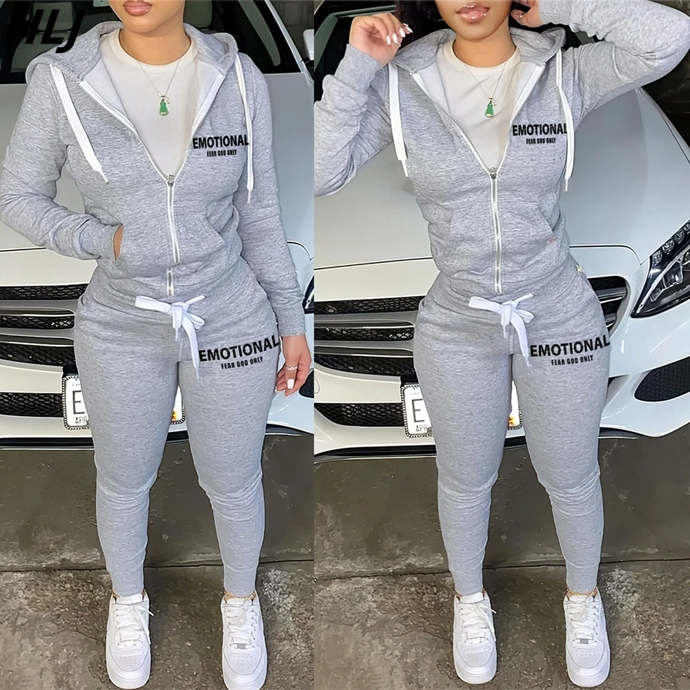 Top Trends: HLJ Autumn Winter Letter Printing Two Piece Sets Women Zip Long Sleeve Hooded Top And Jogger Pants Tracksuit Female 2pcs Outfits Shoppable Styles