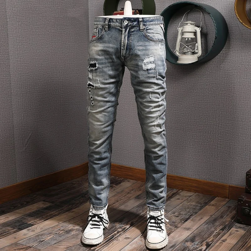 Top Trends: Fashion Designer Men Jeans Retro Washed Gray Blue Elastic Slim Fit Hole Ripped Jeans Men Patched Vintage Denim Pants Hombre Shoppable Styles