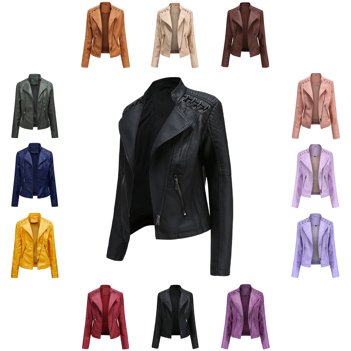 Top Trends: Women Faux Leather Jacket European Size Coat 2023 New Spring Autumn Moto Biker Zipper Jacket Purple Coffee Yellow Red Brown Navy Shoppable Styles