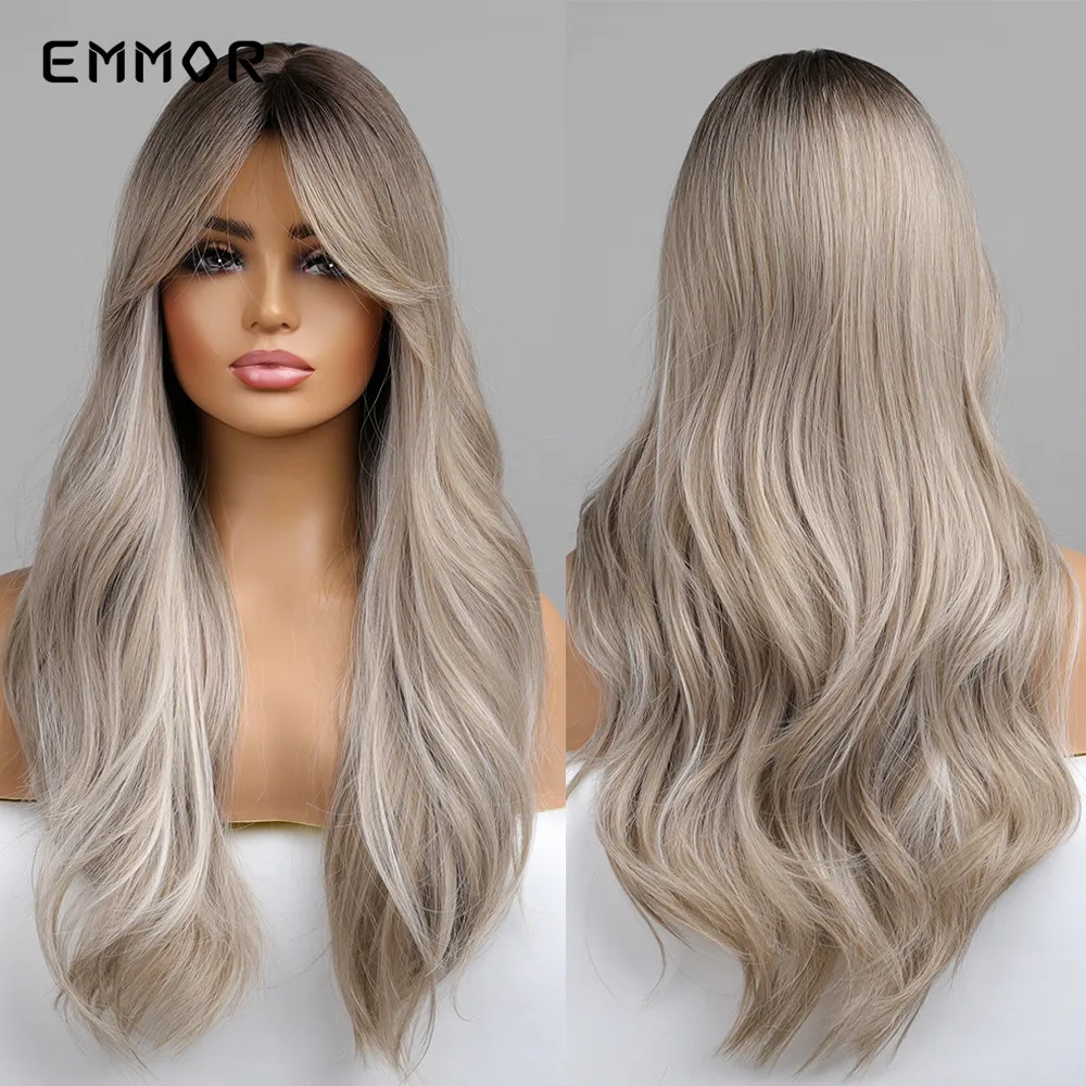 Top Trends: Emmor Synthetic Long Wavy Wigs With Bangs Cosplay Natural Ombre Brown To Ash Brown Hair For Women High Temperature Fiber Wig Shoppable Styles