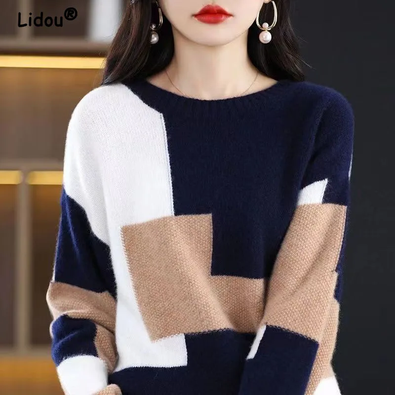 Top Trends: Autumn Winter O-Neck Knitted Long Sleeve Pullovers For Women 2022 New Splicing Design Casual Thickening Bottoming Shirt Tops Shoppable Styles