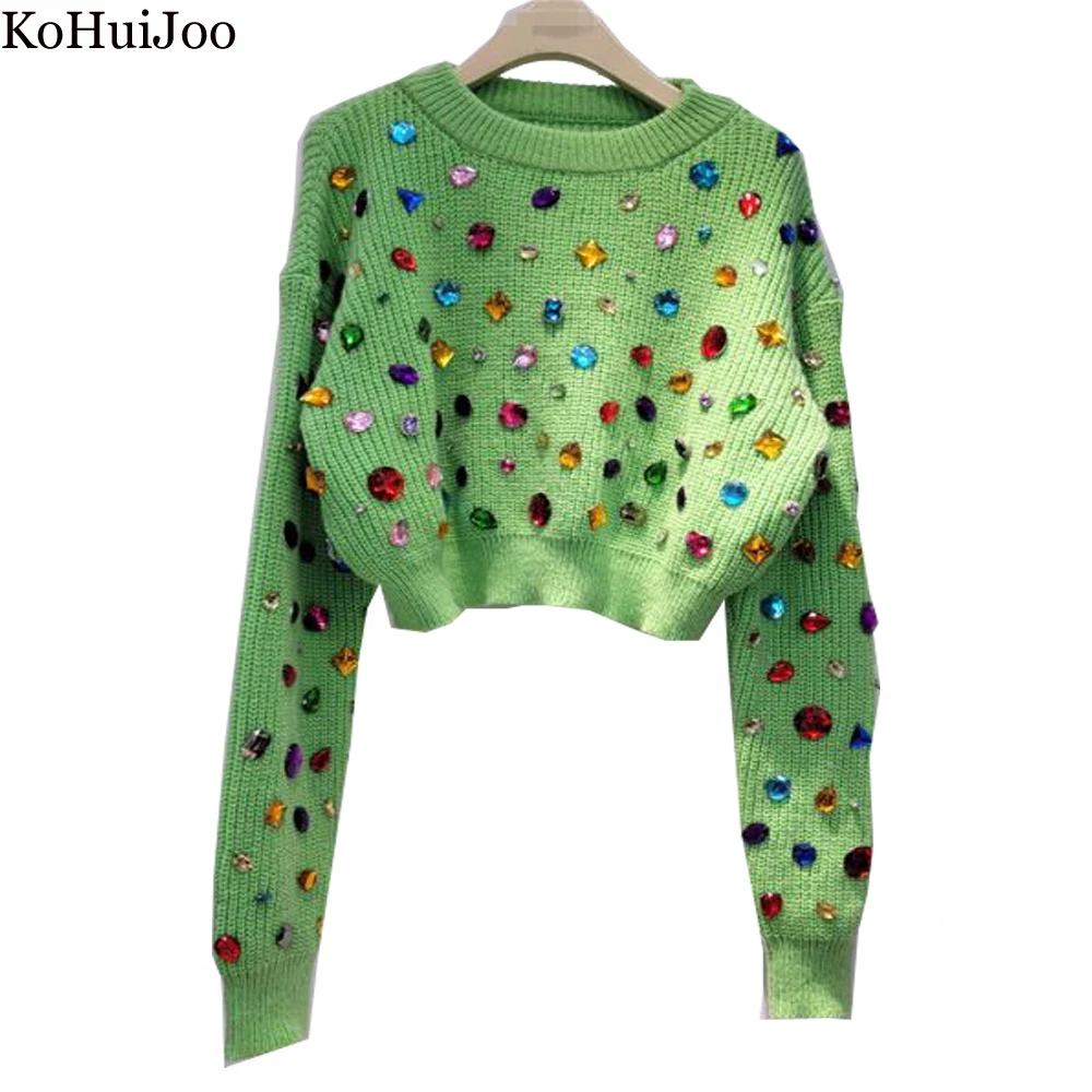 Top Trends: KoHuiJoo Heavy Multicolour Rhinestone Knitted Sweater Women Autumn 2023 O-Neck Slim Long Sleeve Pullover High Waist Short Coat Shoppable Styles