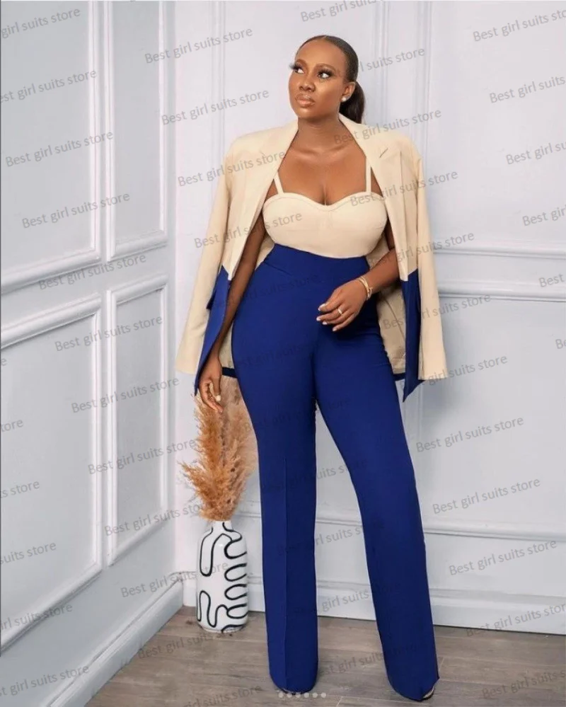 Top Trends: Blue Splicing Colors Women Suit Set Blazer+ Strap Bra Top+ Pants 3 Pieces Formal Office Lady Wedding Event Prom Dress Custom Made Shoppable Styles