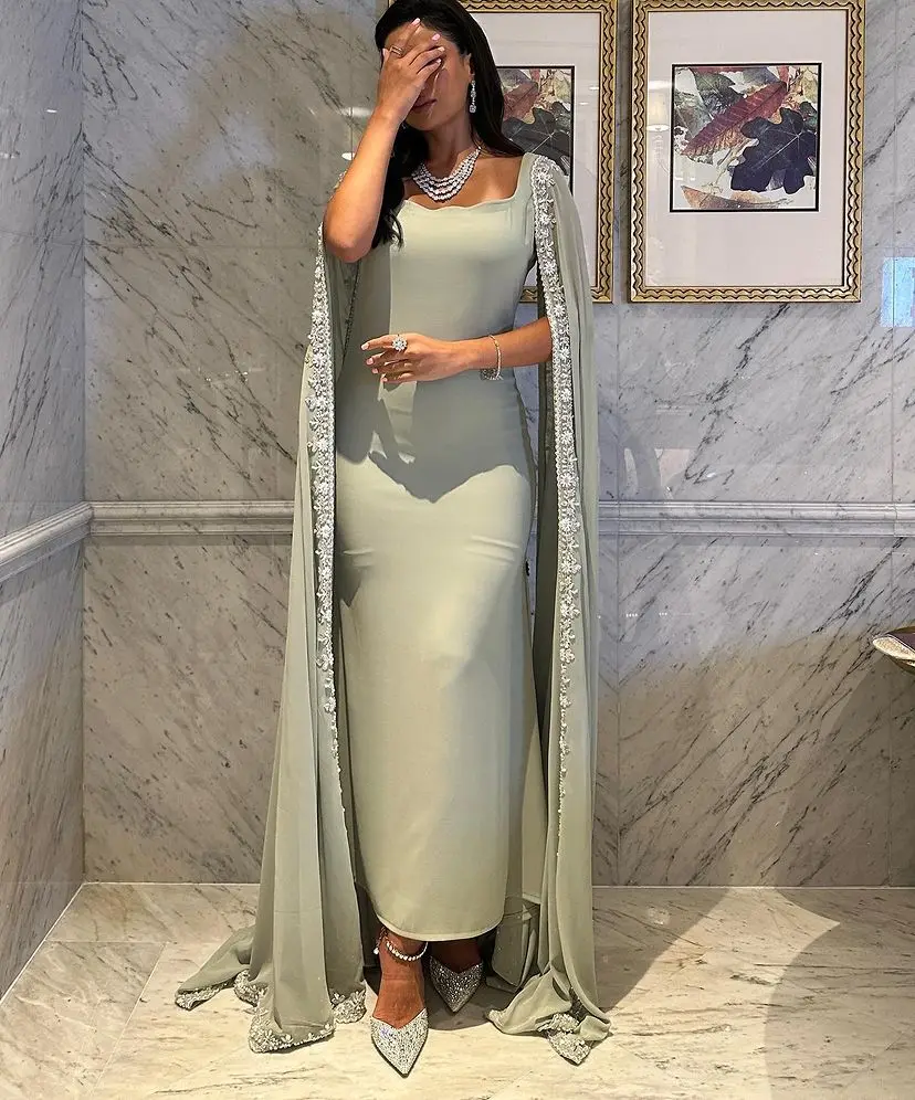 Top Trends: Arabia Elegant Cape Sleeves Prom Dresses Square Neck Flowers Lace Ankle-Length Simple Evening Dresses Formal Occasion Party Gown Shoppable Styles